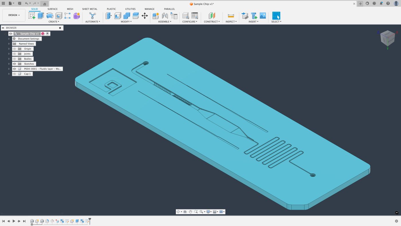A 3D microfluidic device in Fusion 360. The device is shown in isometric view, with the height of each feature visible.