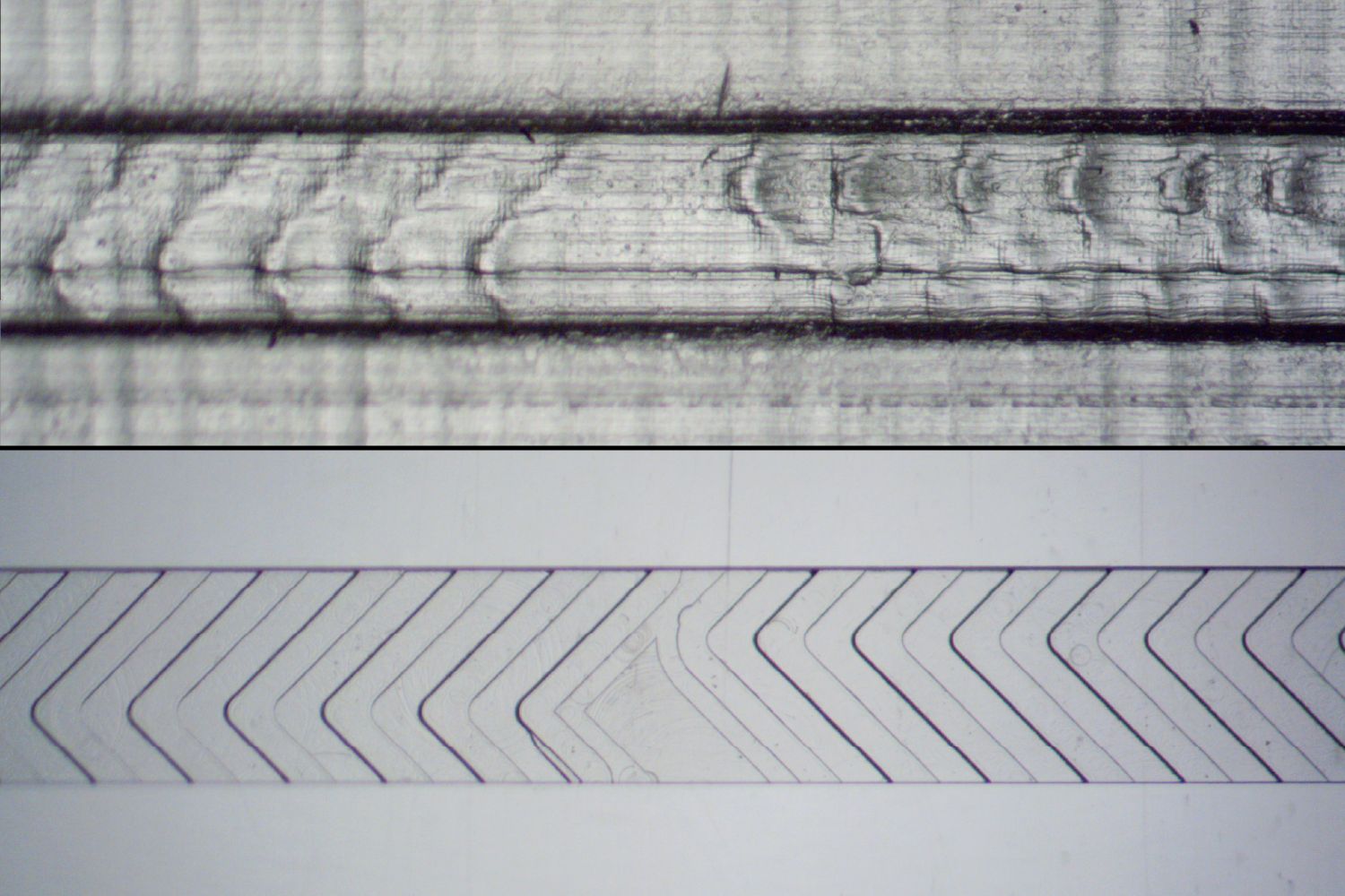 Close-up of a 3D printed microfluidic herringbone mixer next to a Transition Molded one. The 3D printed structure is very vague, with clearly visible layers, while the Transition Molded structure is clearly defined, with sharp edges.