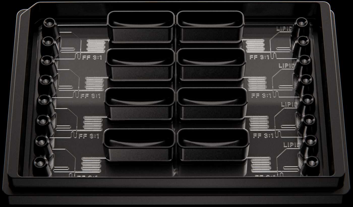 Parallel LNP Screening Array. A microplate-sized microfluidic device with eight sets of flow focusing micromixers at a 3:1 flow rate ratio.