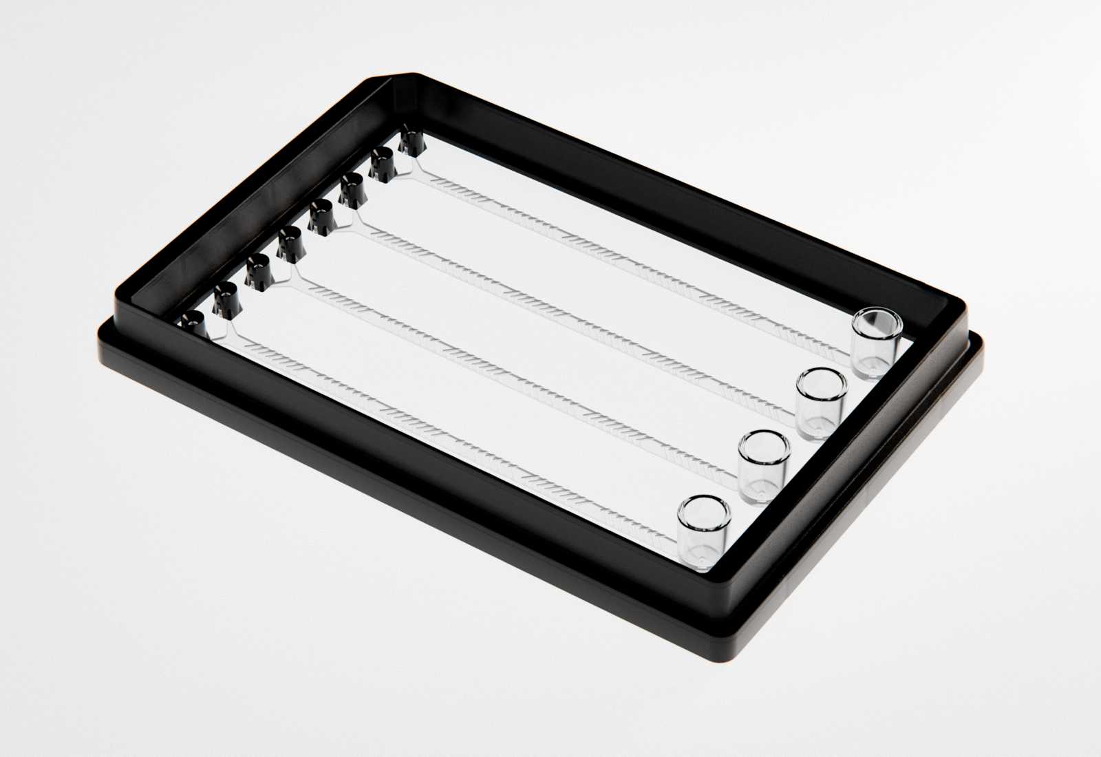 A SLAS format microfluidic device with four sets of identical channels. Each channel has two pipette interfaces on one end and a reservoir on the other end. Herringbone mixers occupy the majority of each channel’s length.
