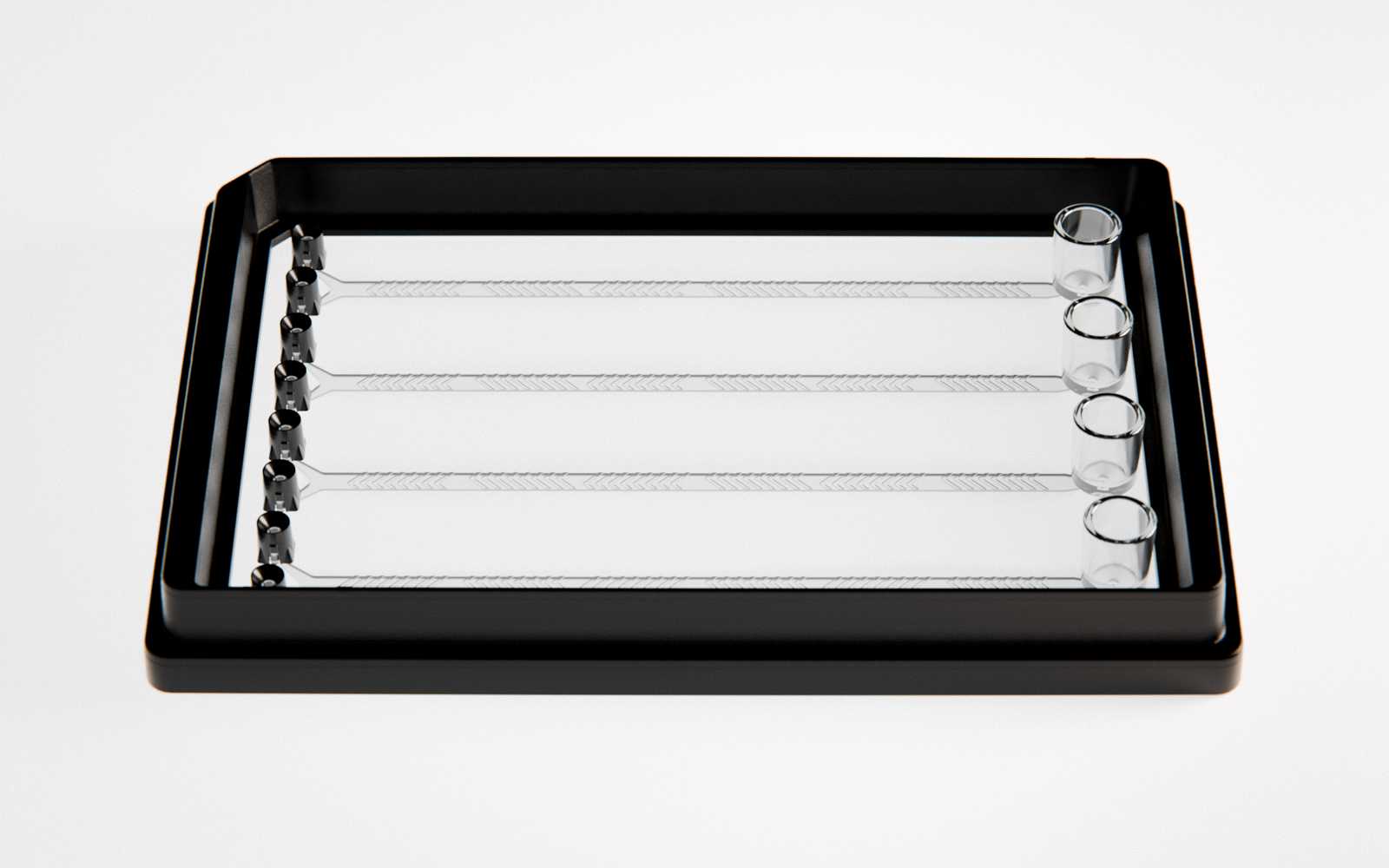 A SLAS format microfluidic device with four sets of identical channels. Each channel has two pipette interfaces on one end and a reservoir on the other end. Herringbone mixers occupy the majority of each channel’s length.