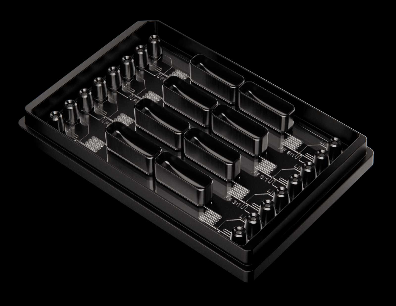 Parallel Fluidics LNP Screening Array. A microplate-sized microfluidic device with eight sets of flow-focusing micromixers, all with a 3:1 flow rate ratio.