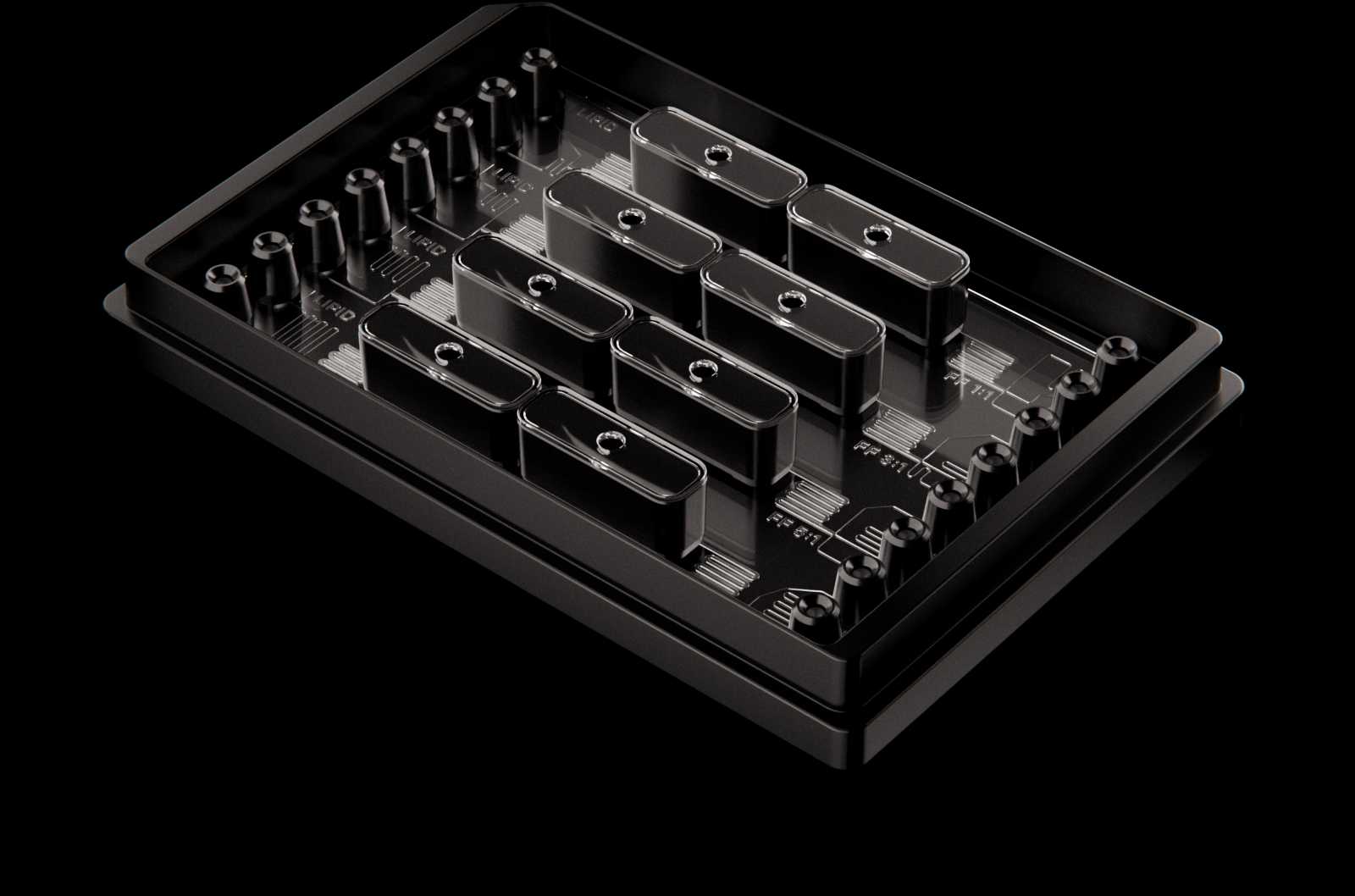 Parallel LNP Screening Array. A microplate-sized microfluidic device with four sets of flow-focusing mixers on the right and four sets of T-junction mixers on the left.