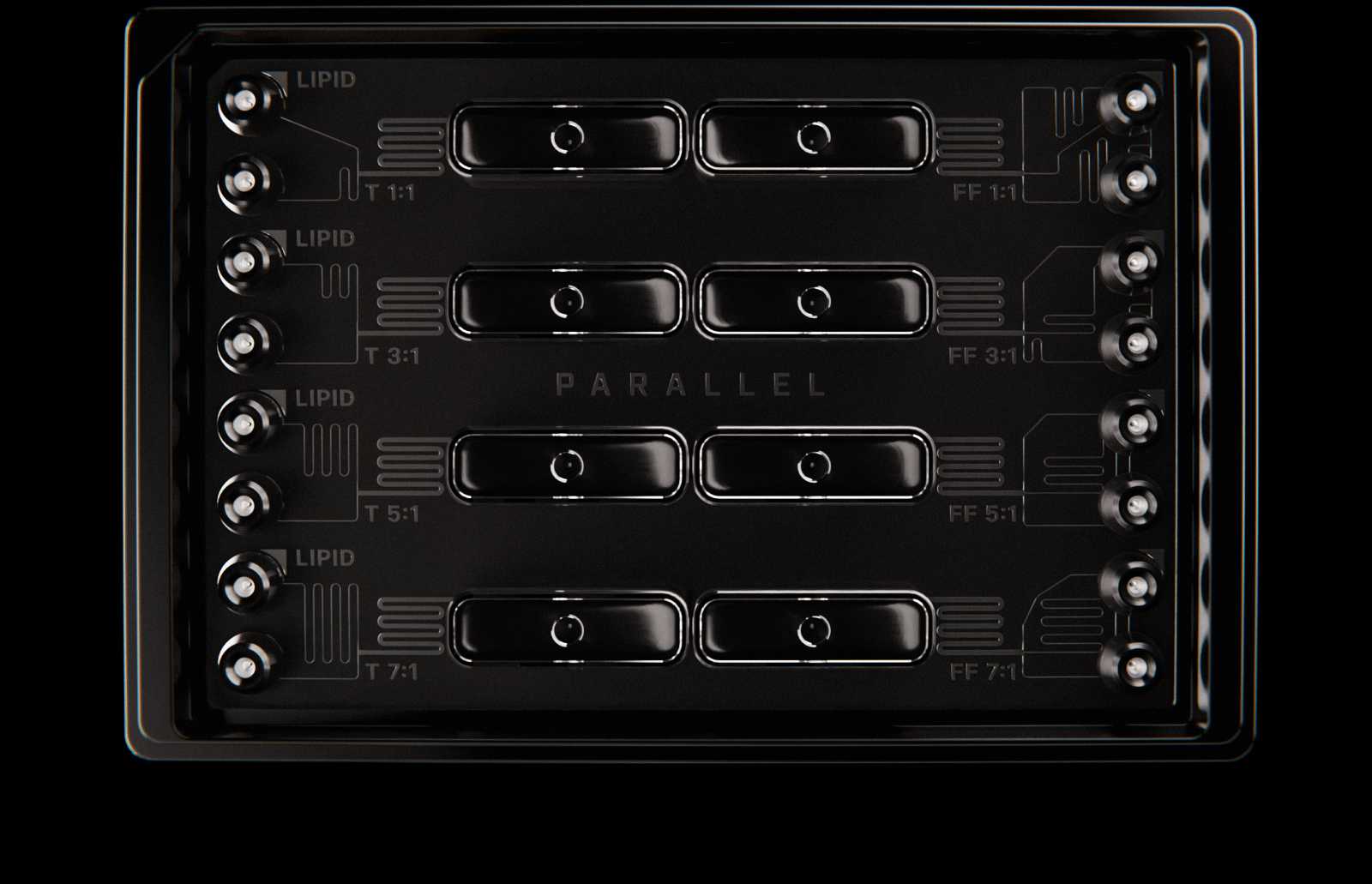 Top-down view of the Parallel LNP Screening Array. A microplate-sized microfluidic device with four sets of flow-focusing mixers on the right and four sets of T-junction mixers on the left.