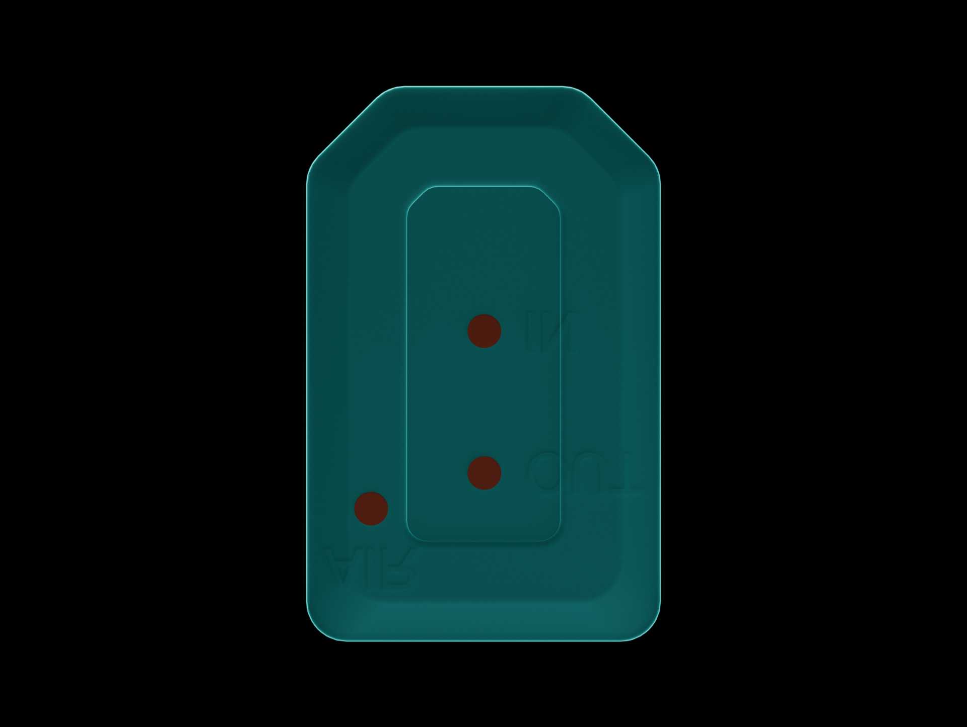 Top view of the MV-2 microvalve with all three ports highlighted. The liquid inlet is 2.20 mm right of the left edge of the MV-2 and 3.05 mm below the top edge of the MV-2. The liquid outlet is 1.75 mm below the liquid inlet and vertically aligned. The air inlet is 2.20 mm below the liquid inlet and 1.75 mm to its left.