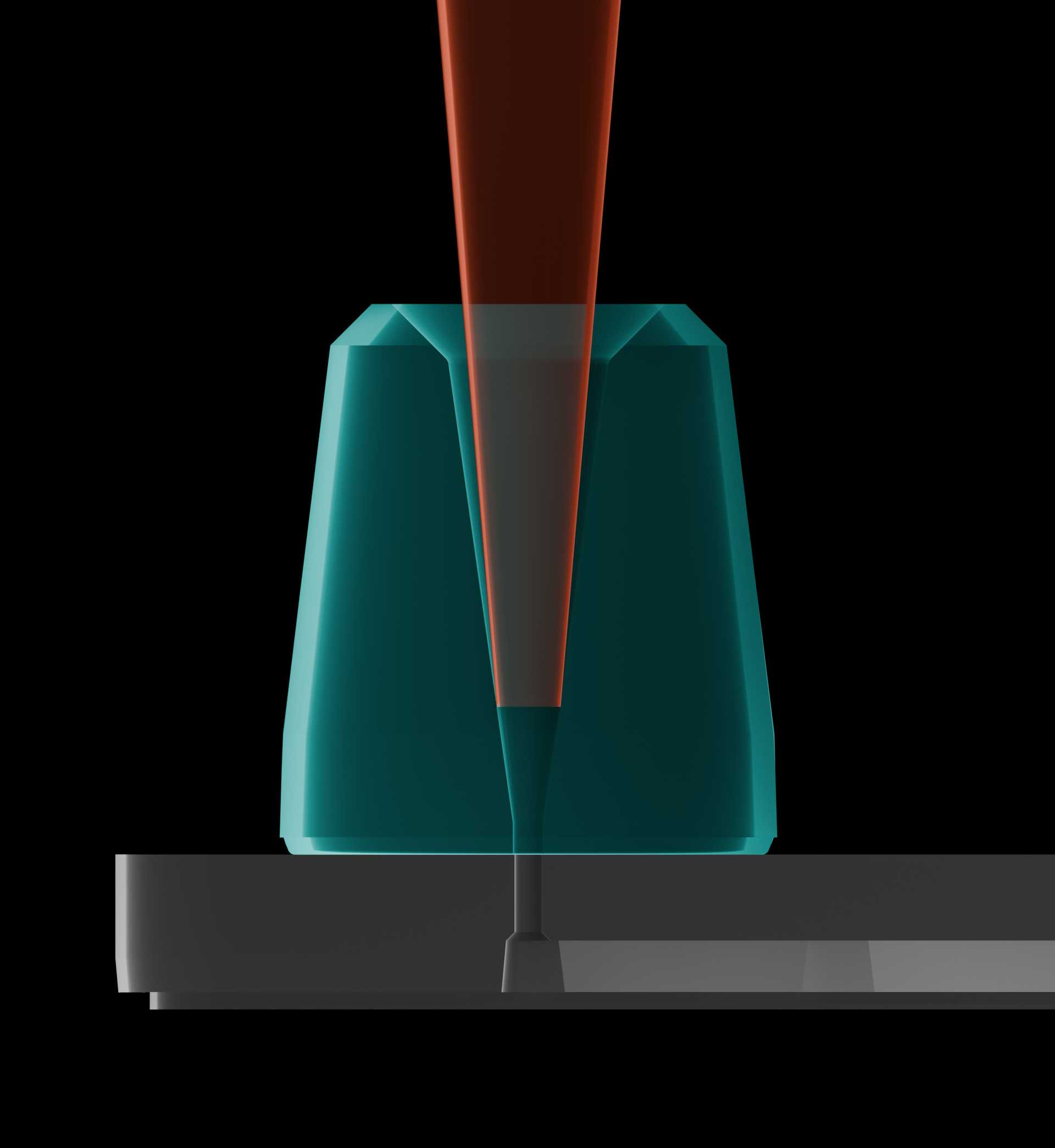 Side cross-section of a pipette tip inserted into the pipette interface. The diameter of the very tip of the pipette tip is labeled D, and the distance from the top of the pipette interface to the lowest point of the pipette tip is labeled Z.