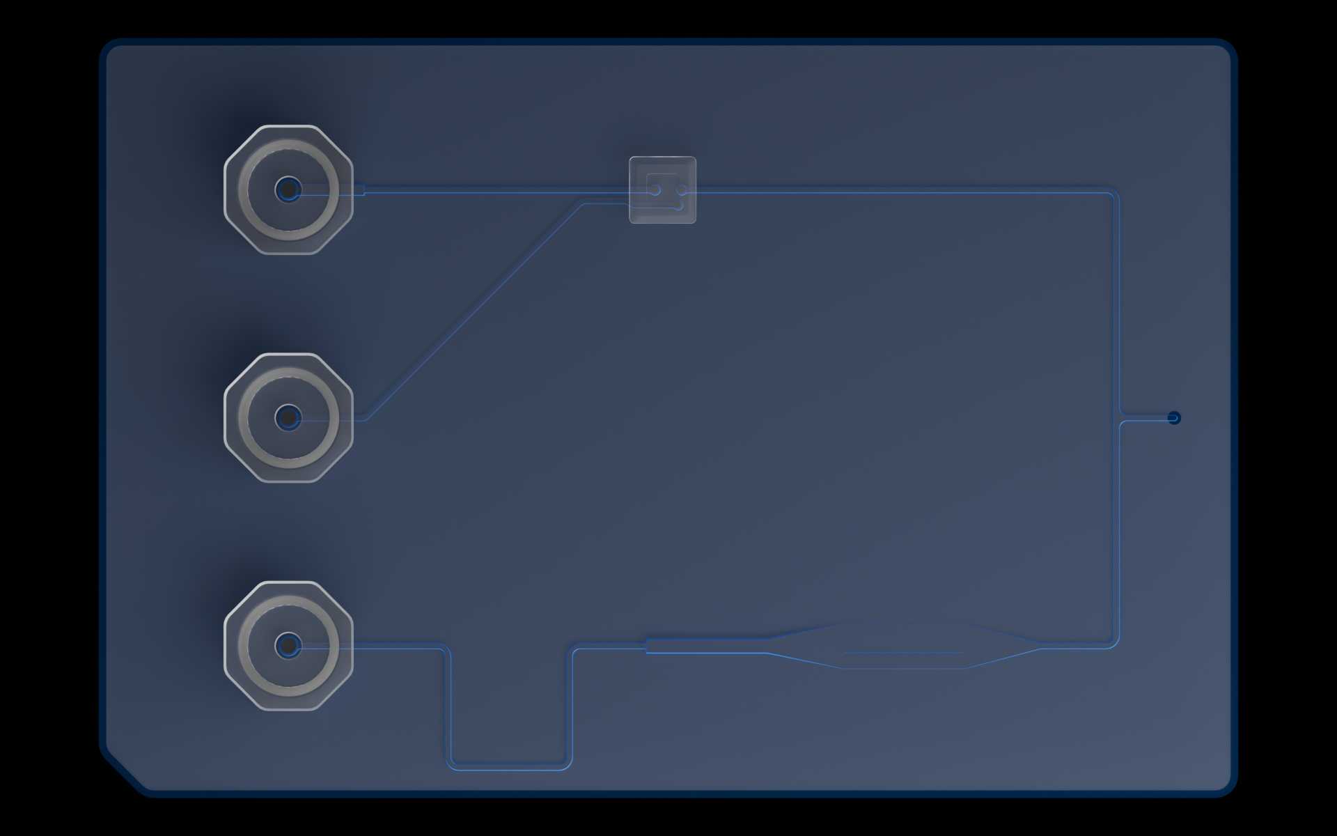 Top view of the reference device with the fluidic layer’s outer perimeter highlighted.